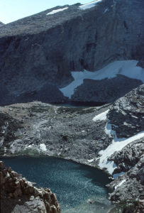 Scenic view of Bivouac Lake 1986-09-03, #0814, with "Windy Lake" at bottom; has fairy shrimp, Lander Ranger District, Shoshone National Forest, Popo Agie Wilderness