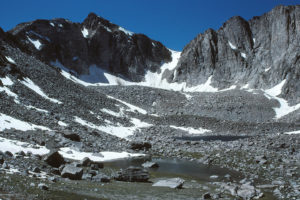 Scenic view of Cinquefoil Pond and Stough Below the Moraine Pond 1993-08-14, #0629; has fairy shrimp; Lander Ranger District, Shoshone National Forest, Popo Agie Wilderness