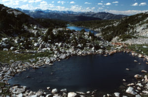 Scenic view of East Side Cirque Pond 1993-08-14, #0634; has fairy shrimp; Lander Ranger District, Shoshone National Forest, Popo Agie Wilderness