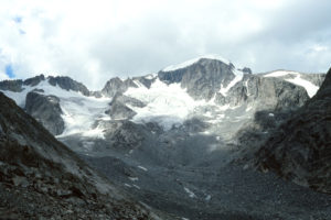 Scenic view of Gooseneck Glacier and Gannett Peak 1981-08, #0412; Lander Ranger District, Shoshone National Forest, Fitzpatrick Wilderness