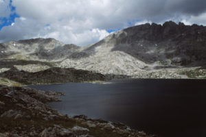 Scenic view of "Halls Lake" 1989-08-19, #1112; lacks fairy shrimp; Pinedale Ranger District, Bridger-Teton National Forest, Bridger Wilderness