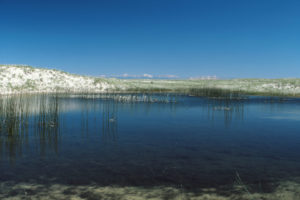 Scenic view of Killpecker Dunes Ponds 1987-06-19, #2508, with Wind River Mountains in distance; lacks fairy shrimp; Rock Springs BLM Office