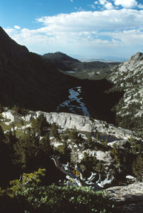 Scenic view of Little Sandy Overlook Pond 1987-08-10, #3112, with view of Little Sandy Creek canyon; has fairy shrimp; Pinedale Ranger District, Bridger-Teton National Forest, Bridger Wilderness