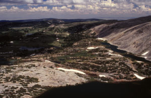 Scenic view of "Shelf Lakes" Northwest Ponds 1996-06, #0603, with "North Gap Lake" at bottom; lacks fairy shrimp, Brush Creek - Hayden Ranger District, Medicine Bow-Routt National Forest