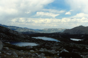 Scenic view of Shoal Lake 1993-09, #0906, with Footprint Lake at left and Cutthroat Lake at right; Lander Ranger District, Shoshone National Forest, Popo Agie Wilderness