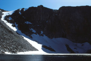 Scenic view of Silas Headwall Lake 1993-08-13, #0619; lacks fairy shrimp; Lander Ranger District, Shoshone National Forest, Popo Agie Wilderness