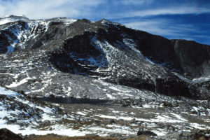 Scenic view of Upper "Ice Lakes" Fourth Lake 1985-09, #0807, with Wind River Peak; lacks fairy shrimp; Lander Ranger District, Shoshone National Forest, Popo Agie Wilderness