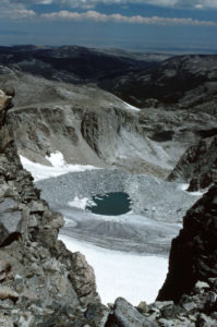 Scenic view of glacial pond north of Wind River Peak 1987-08, #3122; Lander Ranger District, Shoshone National Forest, Popo Agie Wilderness