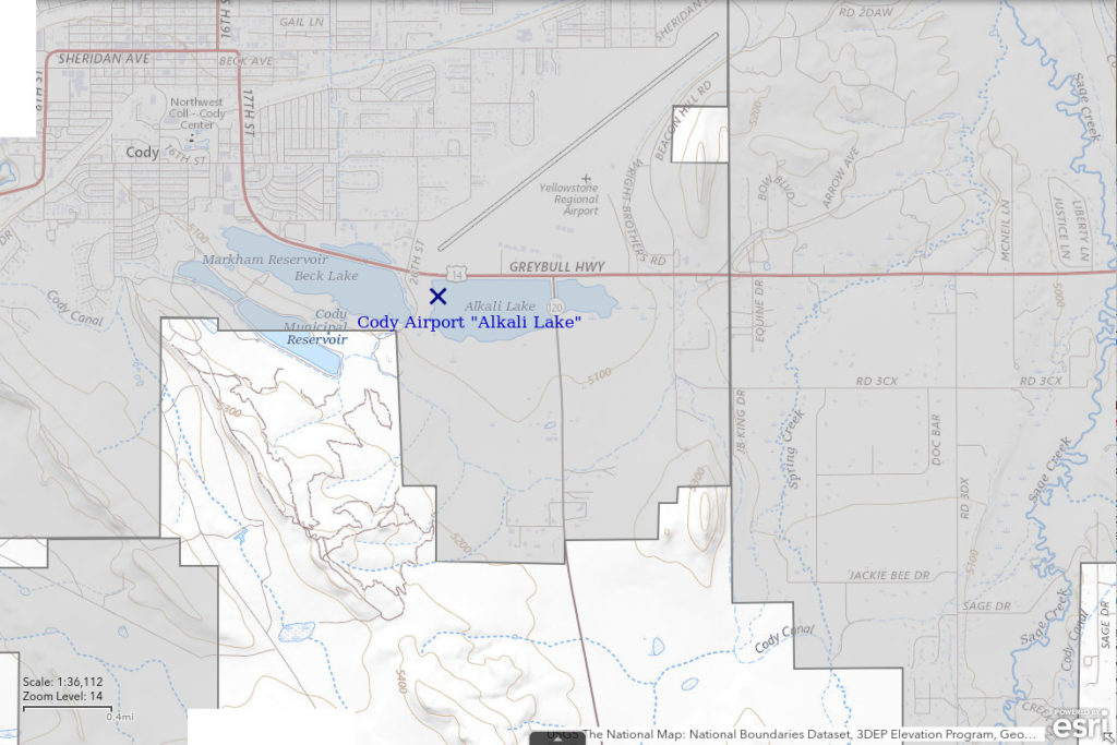 Topographic Map of Cody Airport "Alkali Lake"; The National Map with contours, roads, perennial/ephemeral water bodies, forest cover, marsh, private land