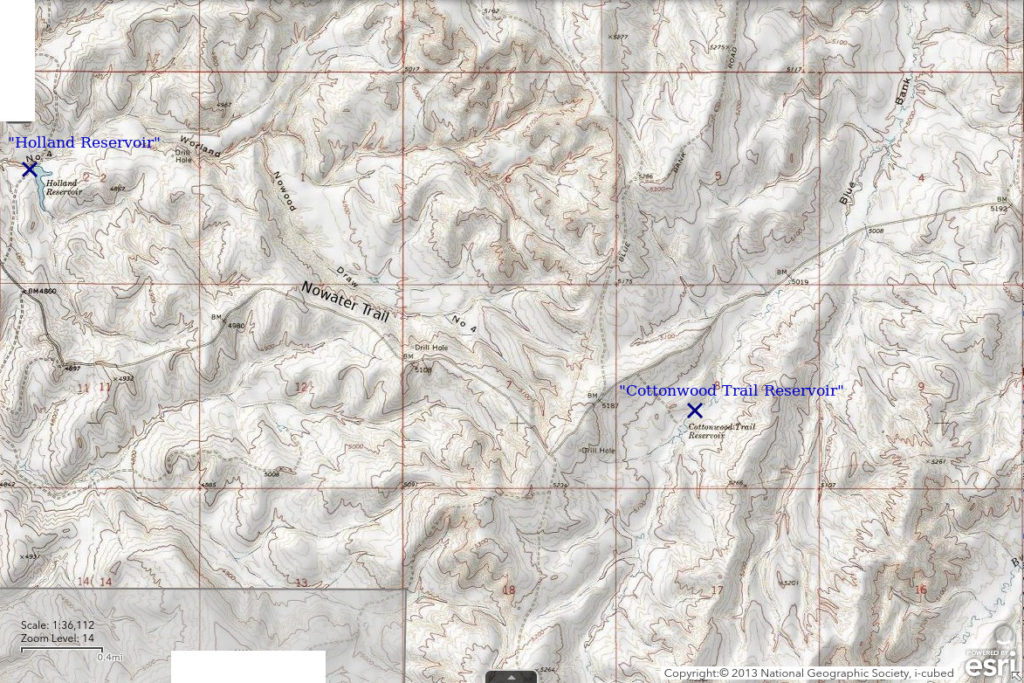 Topographic Map of "Cottonwood Trail Reservoir" and "Holland Reservoir"; The National Map with contours, roads, perennial/ephemeral water bodies, forest cover, marsh, private land