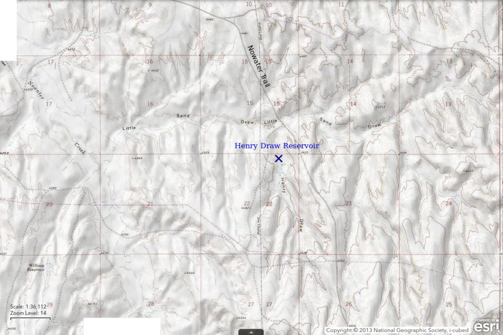 Topographic Map of Henry Draw Reservoir; The National Map with contours, roads, perennial/ephemeral water bodies, forest cover, marsh, private land