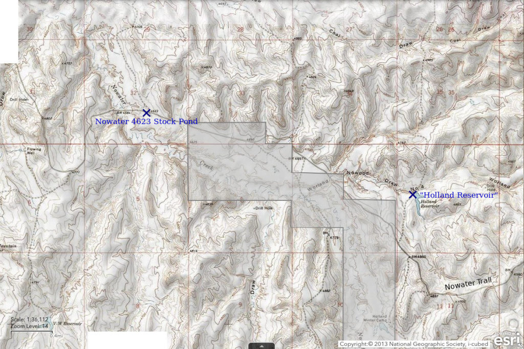 Topographic Map of "Holland Reservoir" and Nowater 4623 Pond; The National Map with contours, roads, perennial/ephemeral water bodies, forest cover, marsh, private land