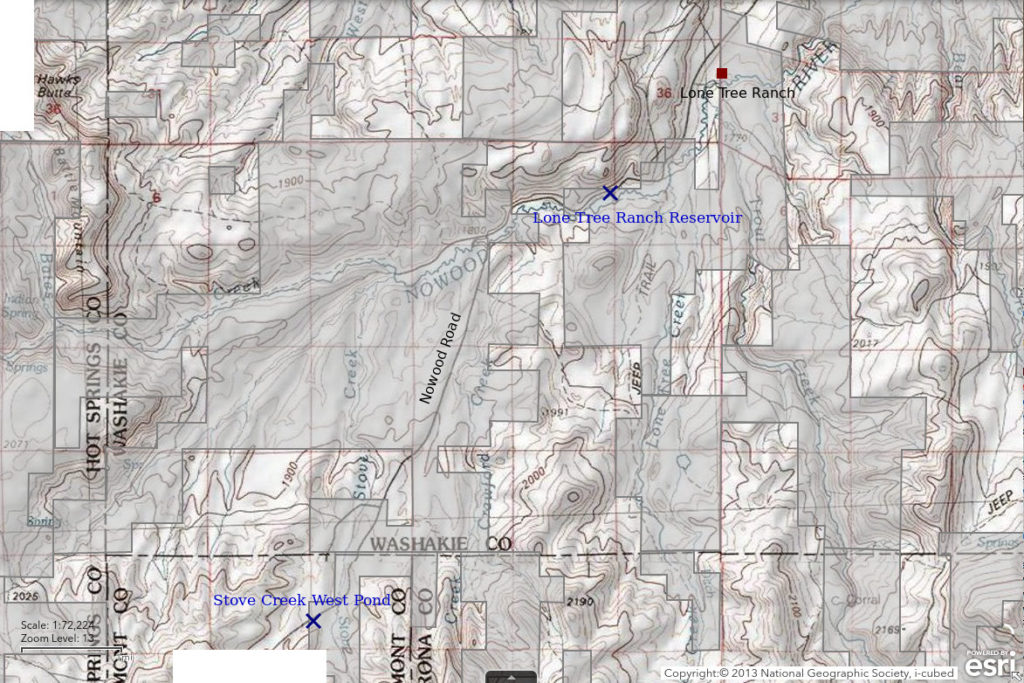 Topographic Map of Lone Tree Ranch Reservoir and Stove Creek West Pond; The National Map with contours, roads, perennial/ephemeral water bodies, forest cover, marsh, private land