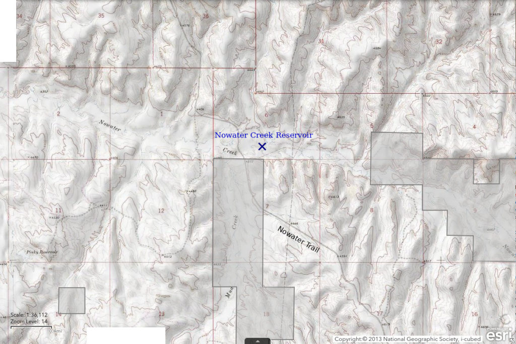 Topographic Map of Nowater Creek Reservoir; The National Map with contours, roads, perennial/ephemeral water bodies, forest cover, marsh, private land