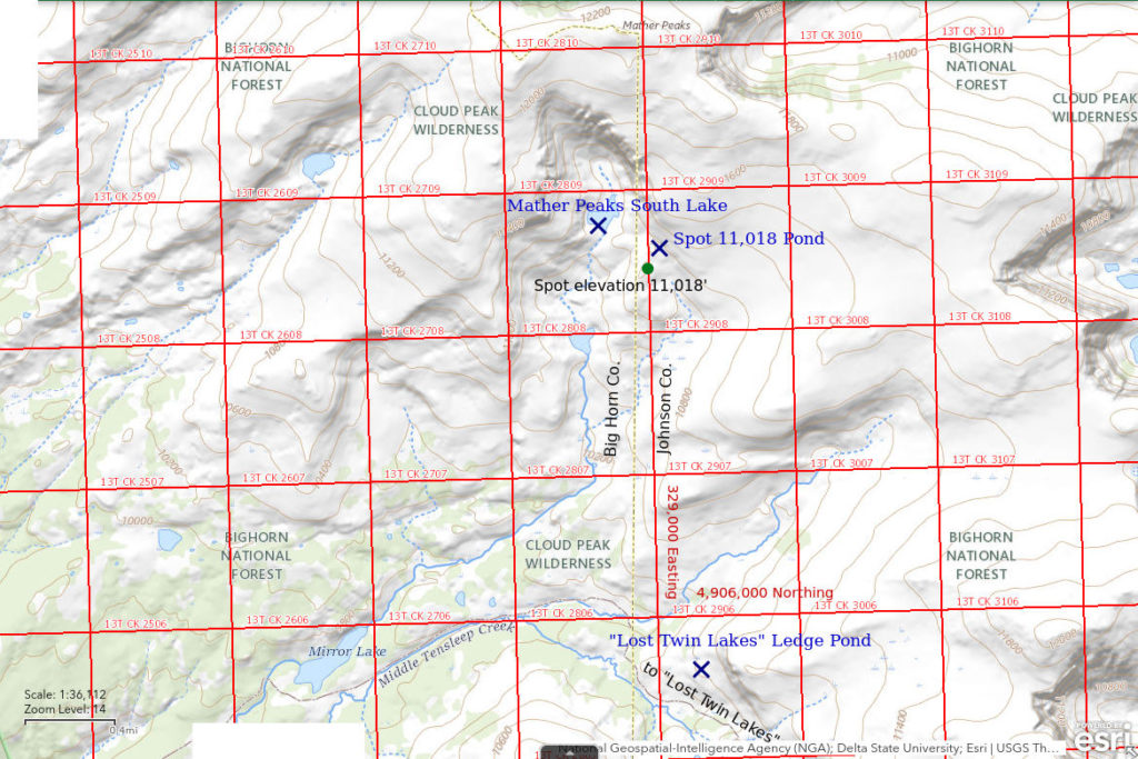 Topographic Map of Mather Peaks South Lake and Nearby Ponds; The National Map with contours, roads, perennial/ephemeral water bodies, forest cover, marsh, UTM grid, private land