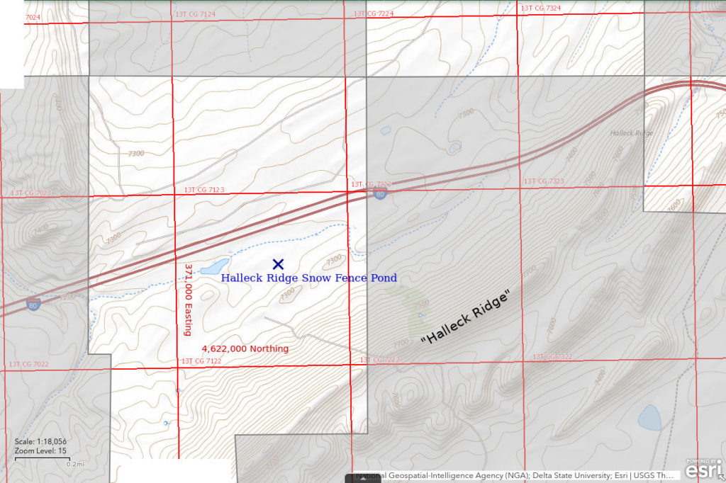 Topographic Map of Halleck Ridge Snow Fence Pond; The National Map with contours, roads, perennial/ephemeral water bodies, forest cover, marsh, UTM grid, private land