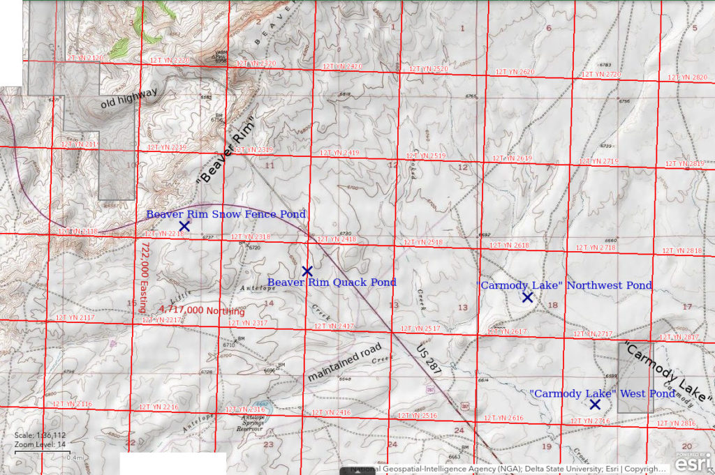 Topographic Map of Beaver Rim Snow Fence Pond and Nearby Ponds; The National Map with contours, roads, perennial/ephemeral water bodies, forest cover, marsh, UTM grid, private land