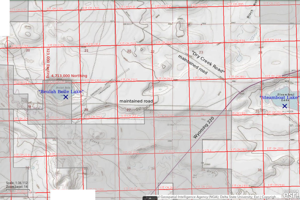 Topographic Map of "Beulah Belle Lake"; The National Map with contours, roads, perennial/ephemeral water bodies, forest cover, marsh, UTM grid, private land