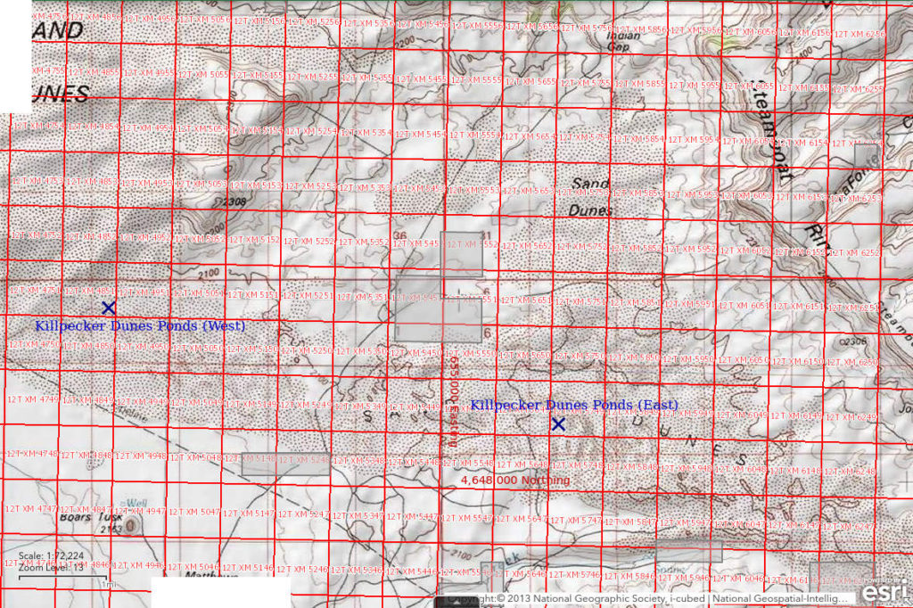 Topographic Map of Killpecker Dunes Ponds; The National Map with contours, roads, perennial/ephemeral water bodies, forest cover, marsh, UTM grid, private land