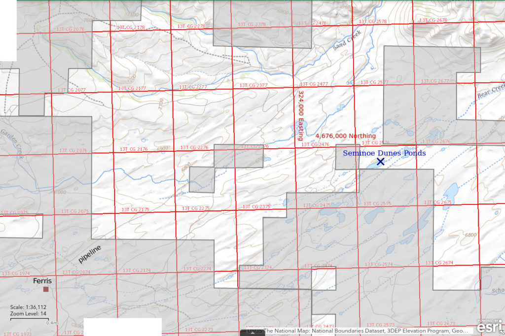 Topographic Map of Seminoe Dunes Ponds; The National Map with contours, roads, perennial/ephemeral water bodies, forest cover, marsh, UTM grid, private land