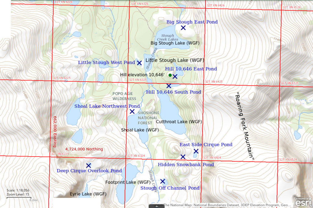 Topographic Map of Deep Cirque Overlook Pond and Nearby Ponds; The National Map with contours, roads, perennial/ephemeral water bodies, forest cover, marsh, UTM grid, private land