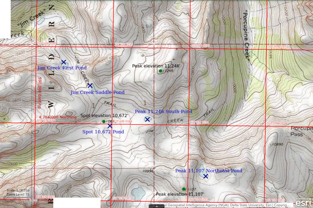 Topographic Map of Jim Creek Saddle Pond and Nearby Ponds; The National Map with contours, roads, perennial/ephemeral water bodies, forest cover, marsh, UTM grid, private land