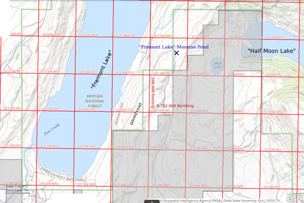 Topographic Map of "Fremont Lake" Moraine Pond; The National Map with contours, roads, perennial/ephemeral water bodies, forest cover, marsh, UTM grid, private land