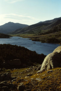 "Coon Lake" 1987-08-11, #3202, looking southeast at sunrise; Lander Ranger District, Shoshone National Forest, Popo Agie Wilderness