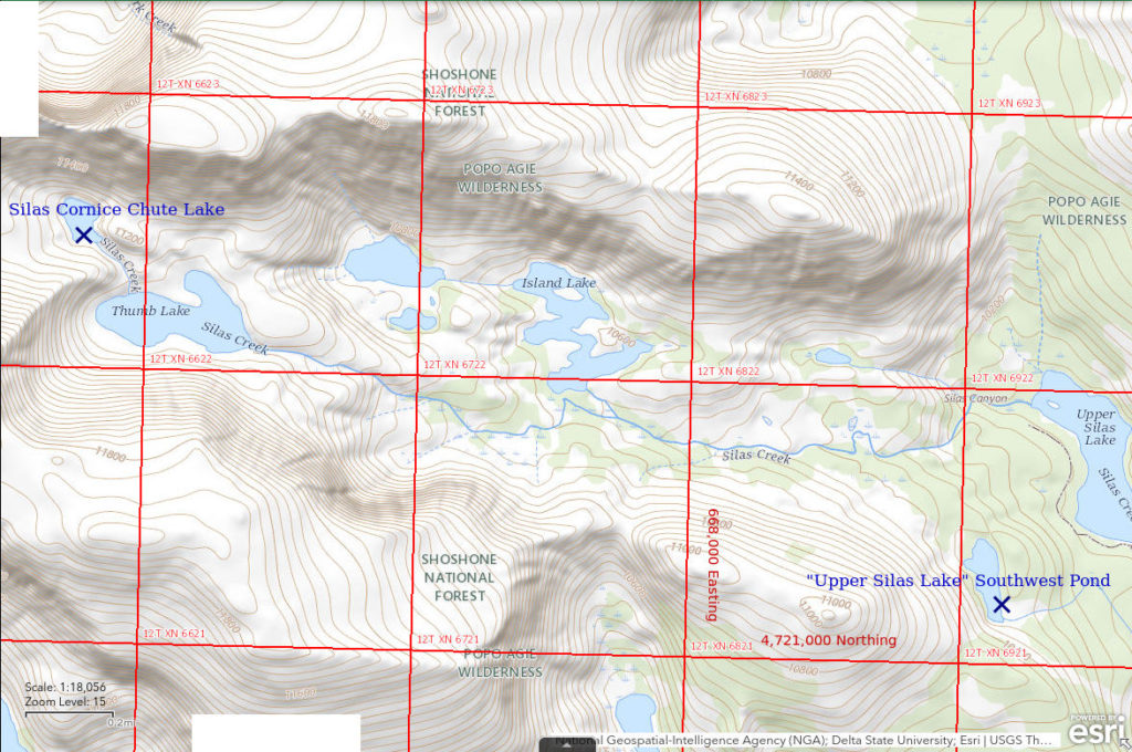 Topographic Map of "Upper Silas Lake" Southwest Pond and Silas Cornice Chute Lake; The National Map with contours, roads, perennial/ephemeral water bodies, forest cover, marsh, UTM grid, private land