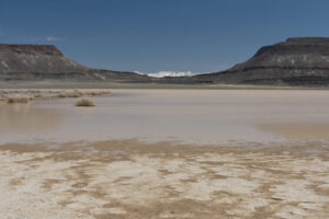 Scenic view of "Lunar Lake" 2023-04-13, #11, with Quinn Canyon Range in distance; has fairy shrimp; Tonopah BLM Office