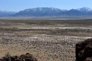 Scenic view of Raven Roost Reservoir 2023-04-15, #15, with Grant Range in distance; has fairy shrimp; Tonopah BLM Office