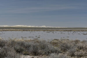 Scenic view of Owyhee "Shallow Lake" 2023-04-28, #42, with Snowstorm Mountains in distance; has fairy shrimp; Tuscarora BLM Office