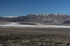 Scenic view of Teels Marsh Playa Lake 2023-03-31, #01, with Excelsior Mountains at right; lacks fairy shrimp; Stillwater BLM Office