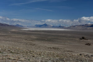 Scenic view of "Winnemucca Lake" Playa 2023-04-05, #01, with Purgatory Peak in distance; dry; Humboldt BLM Office