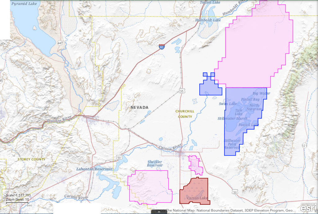 General map of the region around "Carson Lake" Playa; The National Map with contours, roads, major water bodies, and lands of the Department of Defense and Fish and Wildlife Service as well as NDOW-managed "Carson Lake and Pasture"