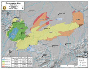 Map of Martin Fire showing areas burned each day, Tuscarora BLM Office