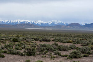 Scenic view of North Smith Creek Playa Lake 2023-05-09, #10, with Toiyabe Range on horizon; has fairy shrimp; Mount Lewis BLM Office