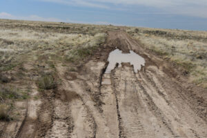 Mud hole in road in Owyhee Desert; Tuscarora BLM Office