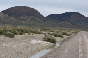 Scenic view of Smith Creek Ranch Road Long Ditch Ponds 2023-05-09, #11, with Iron Mountain at left; lacks fairy shrimp; Mount Lewis BLM Office