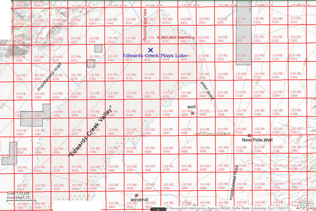 Topographic Map of Edwards Creek Playa Lake; The National Map with contours, roads, perennial/ephemeral water bodies, forest cover, marsh, UTM grid, private land