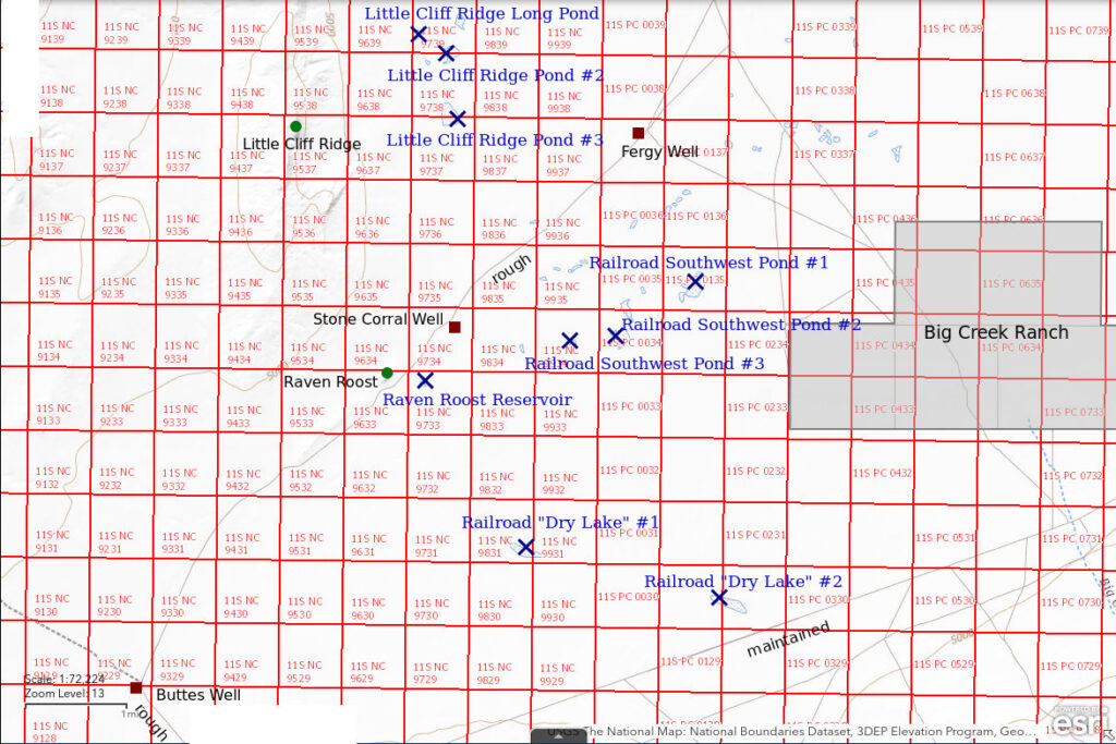 Topographic Map of Railroad Southwest Pond #1 and nearby ponds; The National Map with contours, roads, perennial/ephemeral water bodies, forest cover, marsh, UTM grid, private land