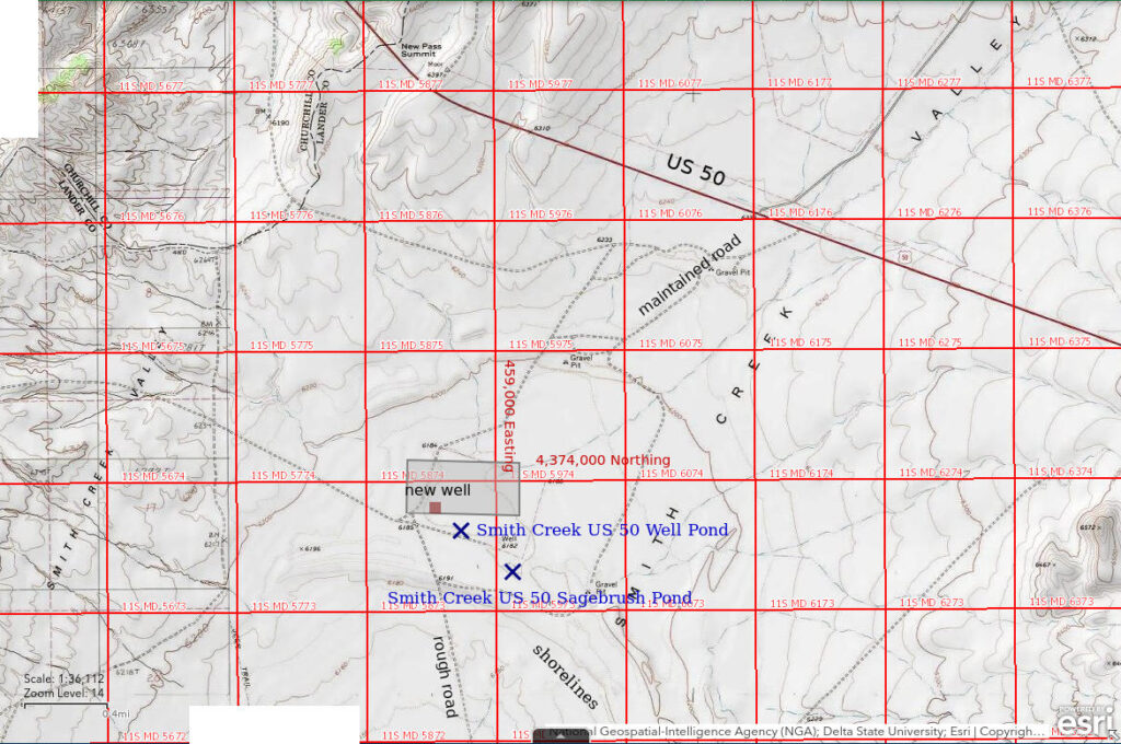 Topographic Map of Smith Creek US 50 Well Pond and Smith Creek US 50 Sagebrush Pond; The National Map with contours, roads, perennial/ephemeral water bodies, forest cover, marsh, UTM grid, private land