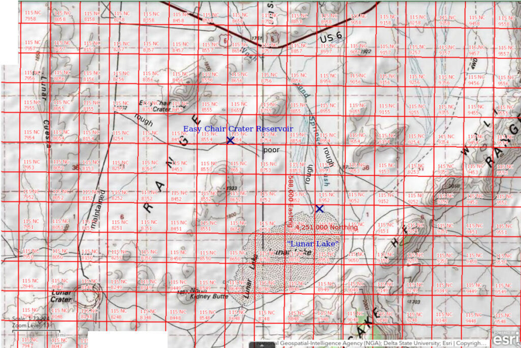 Topographic Map of Easy Chair Crater Reservoir and "Lunar Lake"; The National Map with contours, roads, perennial/ephemeral water bodies, forest cover, marsh, UTM grid, private land