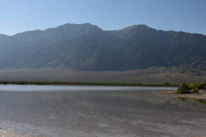 Scenic view of Aiken Playa Lake 2023-08-30, #28, with Toiyabe Range in distance; lacks fairy shrimp; Mount Lewis BLM Office