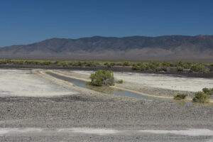 Scenic view of West Northumberland Road Pond #8 2023-08-30, #13, with Toquima Range in distance; has fairy shrimp; Mount Lewis BLM Office