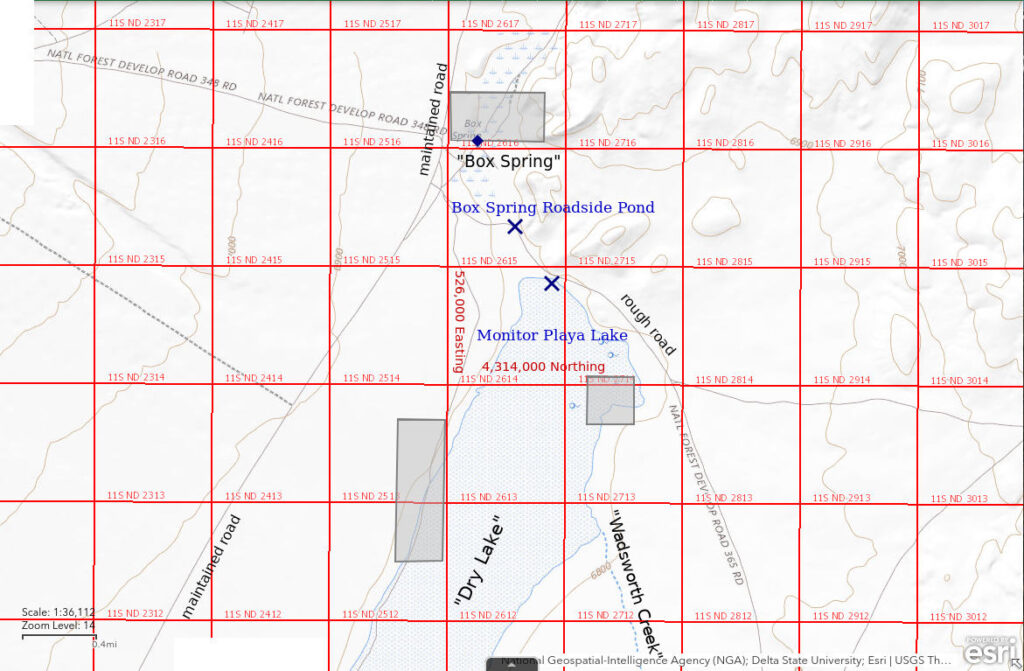 Topographic Map of Monitor Playa Lake and Box Spring Roadside Pond; The National Map with contours, roads, perennial/ephemeral water bodies, forest cover, marsh, UTM grid, private land