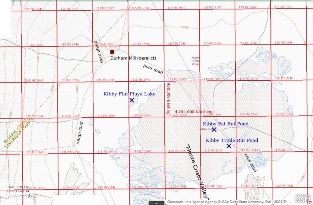 Topographic Map of Kibby Flat Playa Lake and Nearby Pond; The National Map with contours, roads, perennial/ephemeral water bodies, forest cover, marsh, UTM grid, private land