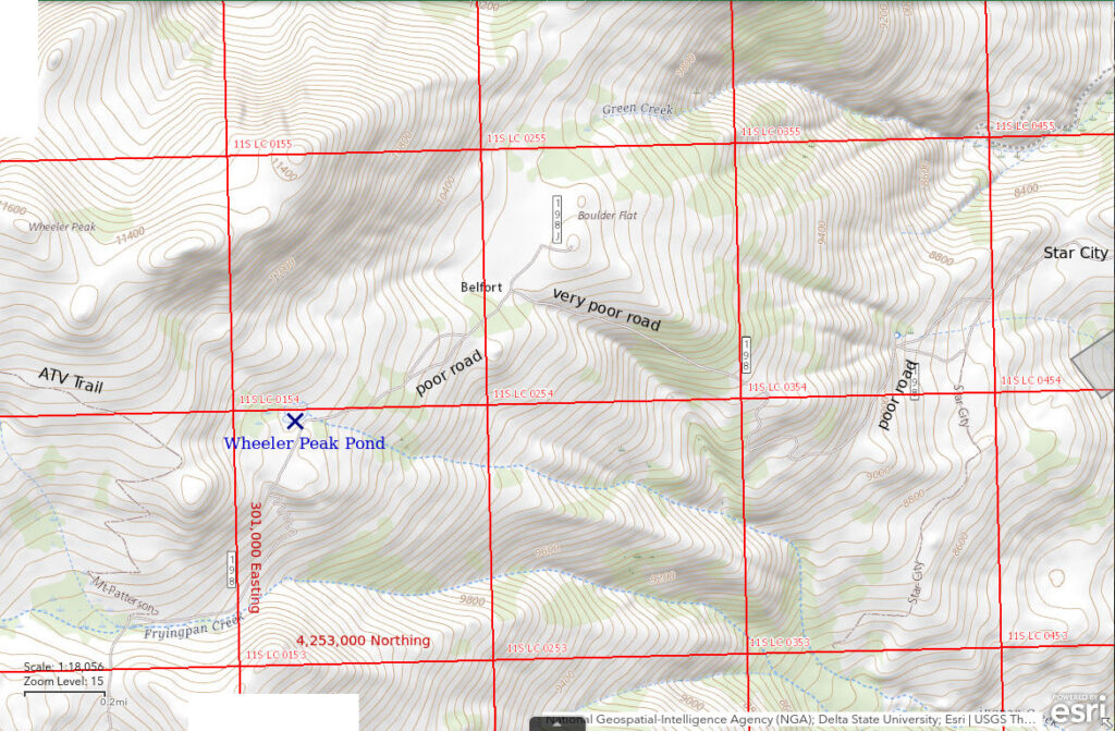 Topographic Map of Wheeler Peak Pond; The National Map with contours, roads, perennial/ephemeral water bodies, forest cover, marsh, UTM grid, private land