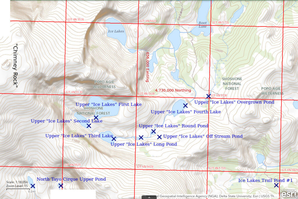 Topographic Map of Wind River Peak Ponds in Deep Creek Drainage; The National Map with contours, roads, perennial/ephemeral water bodies, forest cover, marsh, UTM grid, private land