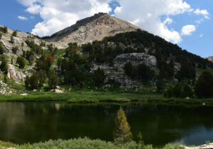 Scenic view of Box Lake 2024-07-23, #19, with Mount Fitzgerald in background; lacks fairy shrimp; Ruby Mountains Ranger District, Humboldt-Toiyabe National Forest